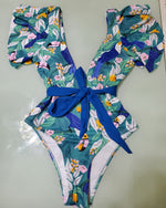 Swimsuit Estampado de Hojas con Mangas Cortas y Lazo en la Cintura