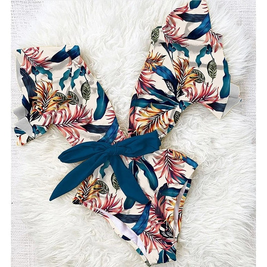 Swimsuit Estampado de Hojas con Mangas Cortas y Lazo en la Cintura