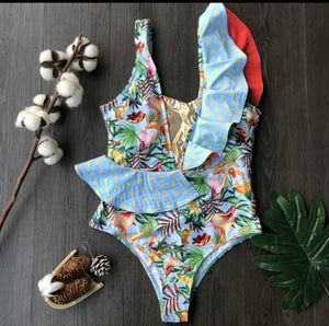 Swimsuit 2021 Sin Mangas Estampado Multicolor Con Hombro de Vuelos y Lazo De Rayas en la Cintura