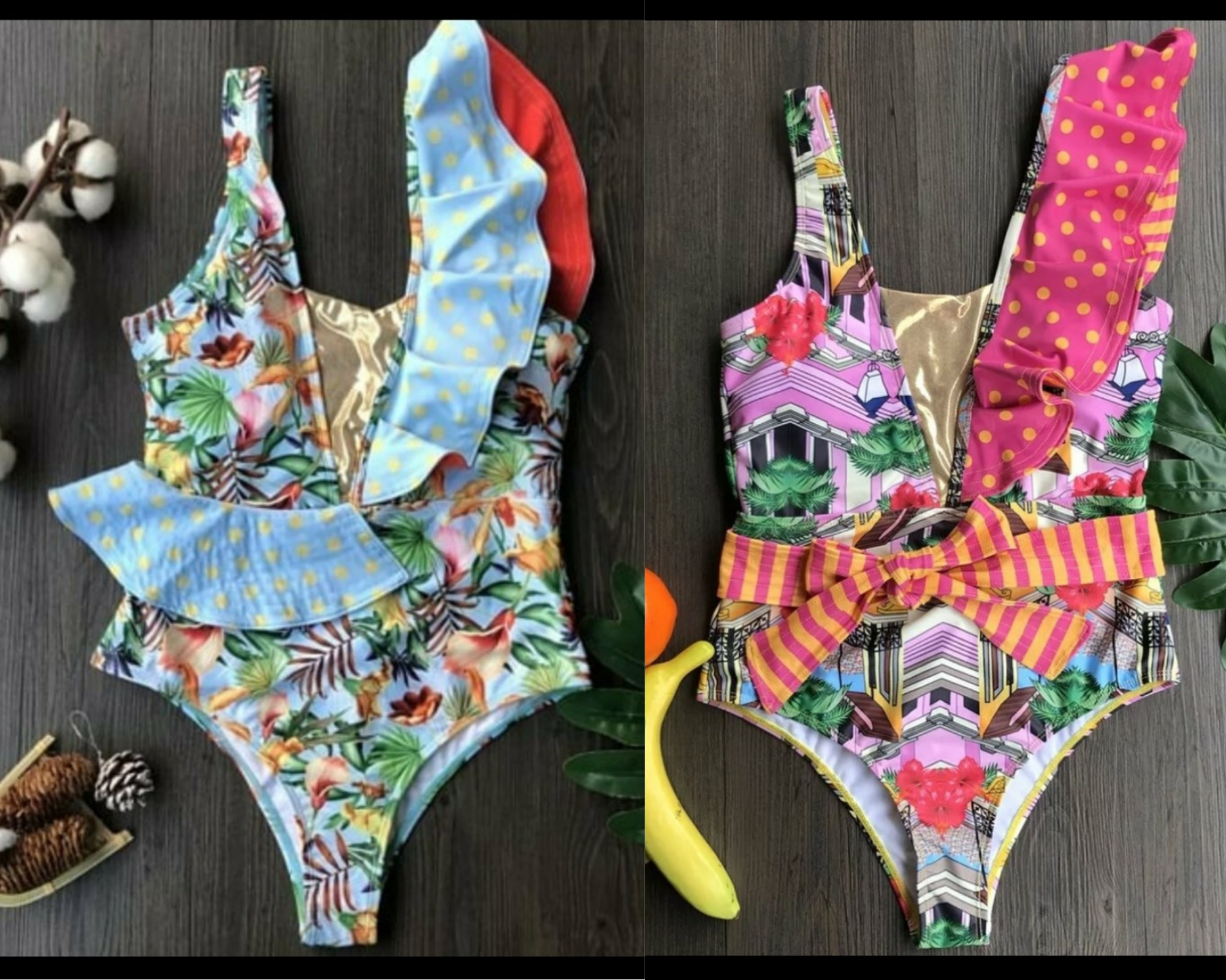 Swimsuit 2021 Sin Mangas Estampado Multicolor Con Hombro de Vuelos y Lazo De Rayas en la Cintura