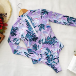 Swimsuit Mangas Largas Estampado Morado Lila con Ramos Verdes