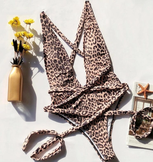 Swimsuit Animal Print De Amarre en Cruz Lazo Largo