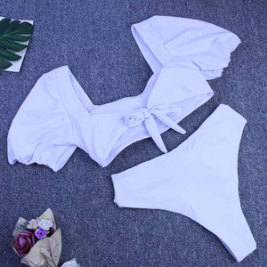 Bikini Talle Alto Top de Mangas Lazo en la Espalda Lazo en el Bottom