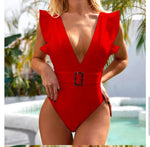 Swimsuit 2021 Escote en V con Mangas Cortas Tiras Gruesas en la Espalda y Cinturón