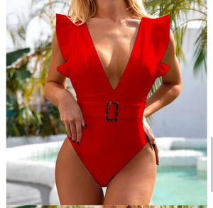 Swimsuit 2021 Escote en V con Mangas Cortas Tiras Gruesas en la Espalda y Cinturón