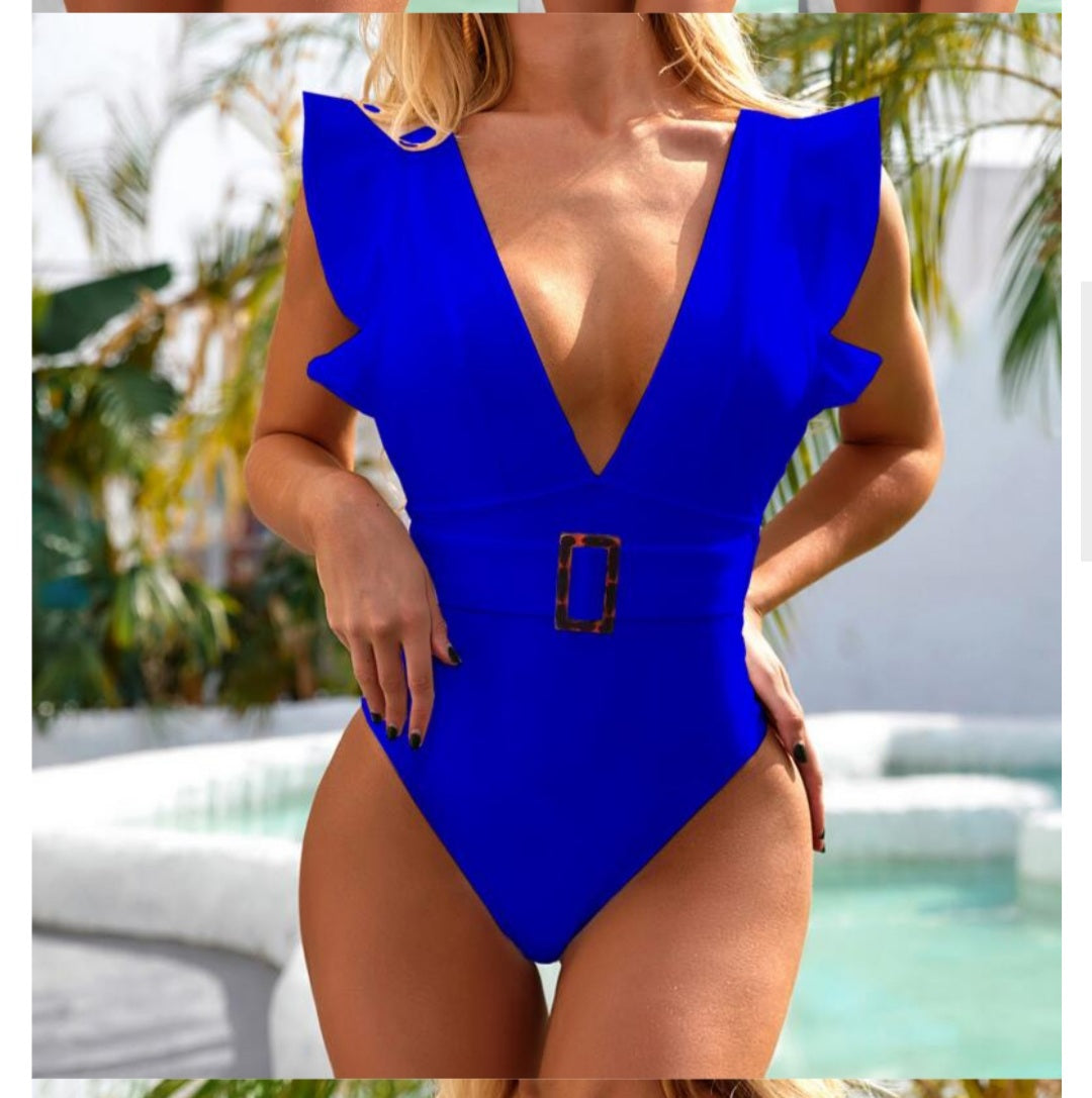 Swimsuit 2021 Escote en V con Mangas Cortas Tiras Gruesas en la Espalda y Cinturón