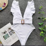 Swimsuit 2021 Escote en V con Mangas Cortas Tiras Gruesas en la Espalda y Cinturón