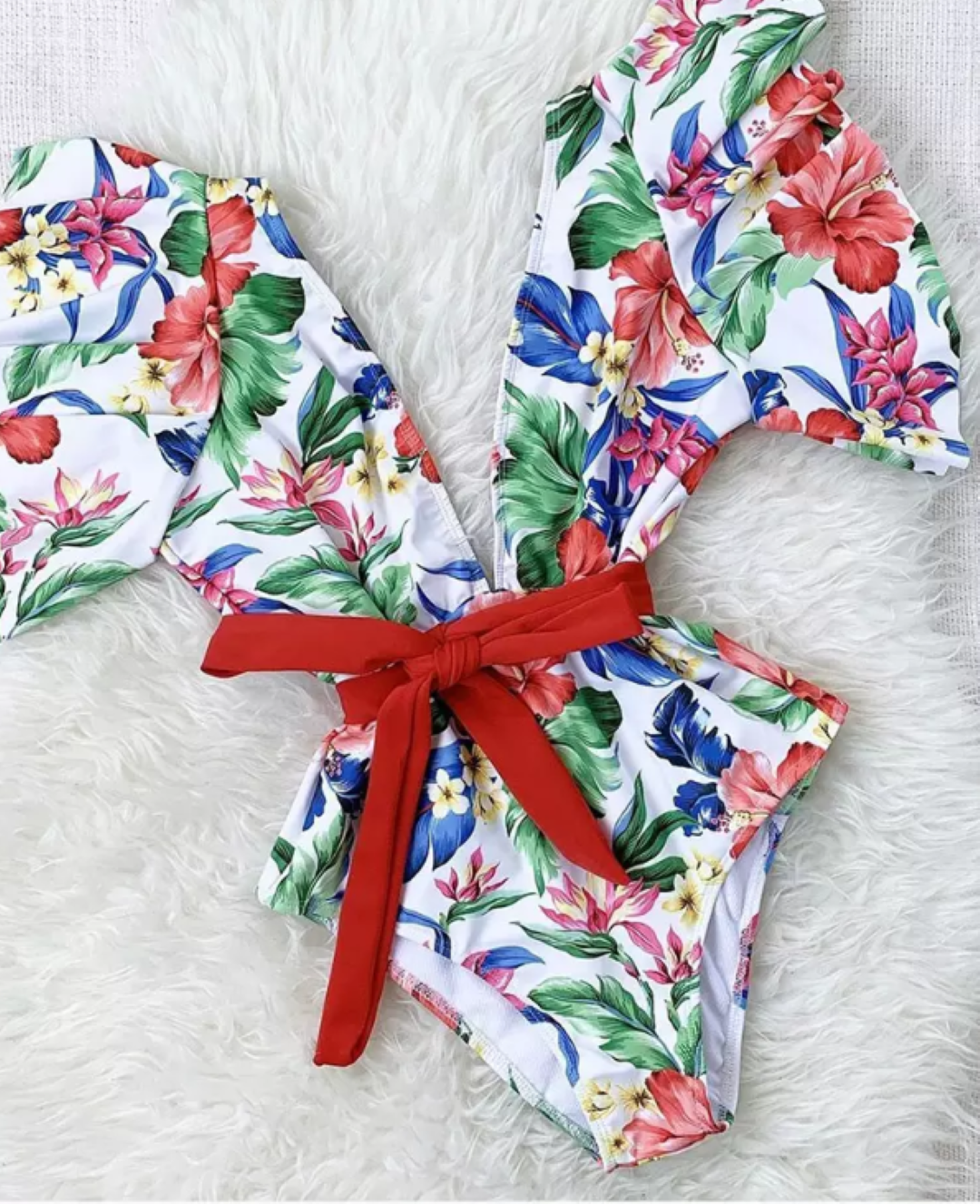 Swimsuit Estampado de Hojas con Mangas Cortas y Lazo en la Cintura