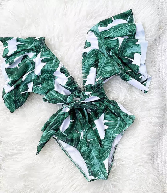 Swimsuit Estampado de Hojas con Mangas Cortas y Lazo en la Cintura
