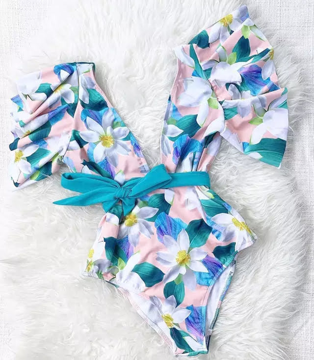 Swimsuit Estampado de Hojas con Mangas Cortas y Lazo en la Cintura