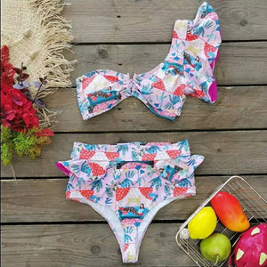 2021 Bikini Estampado Rosa Cintura Alta Un Hombro de Volantes