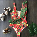 Swimsuit 2021 Sin Mangas Estampado Multicolor Con Hombro de Vuelos Lateral y en la Cintura