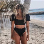 Bikini Talle Alto Top de Mangas Lazo en la Espalda Lazo en el Bottom