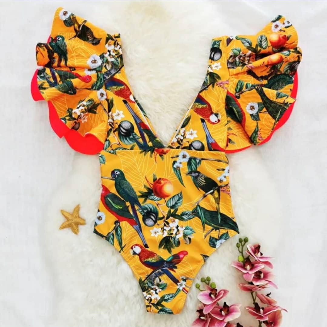 Swimsuit 2021 Estampado Con Volantes y Cinturón