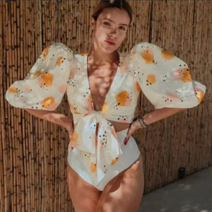 Bikini Top Mangas Abultadas Lazo Talle Alto