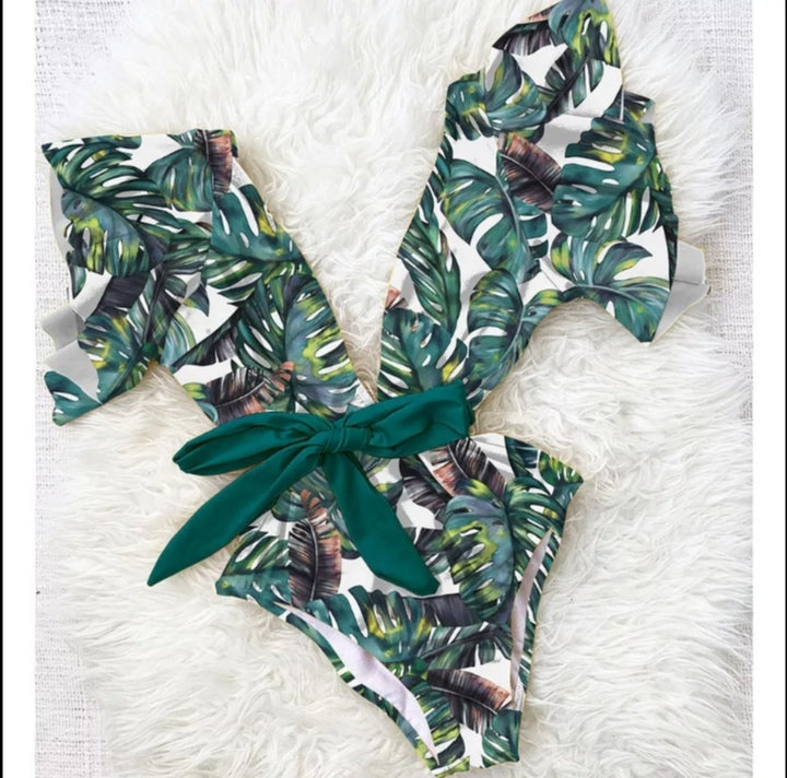 Swimsuit Estampado de Hojas con Mangas Cortas y Lazo en la Cintura