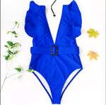Swimsuit 2021 Escote en V con Mangas Cortas Tiras Gruesas en la Espalda y Cinturón