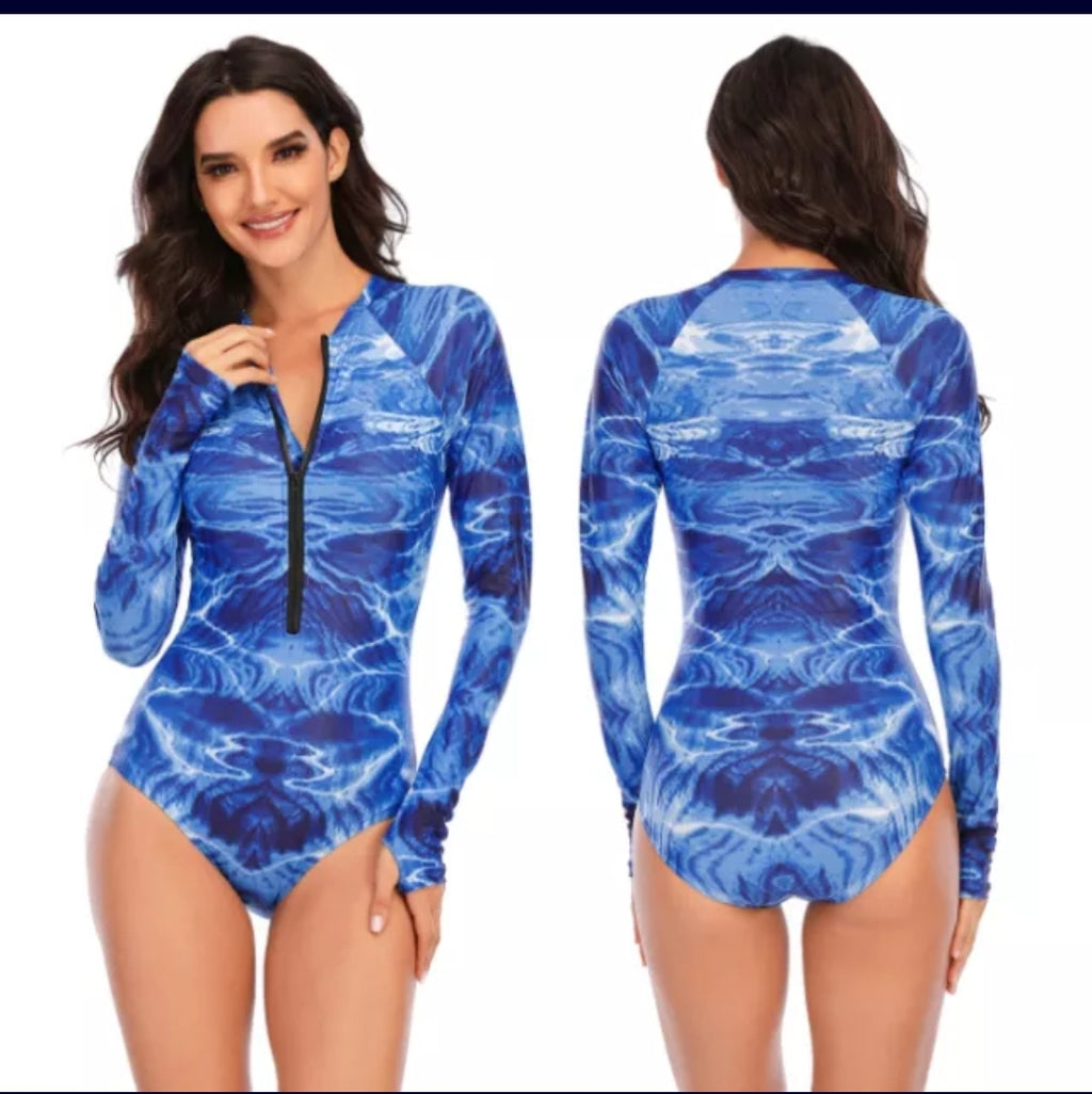 2023 Swimsuit Mangas Largas Estampado Azul Agua