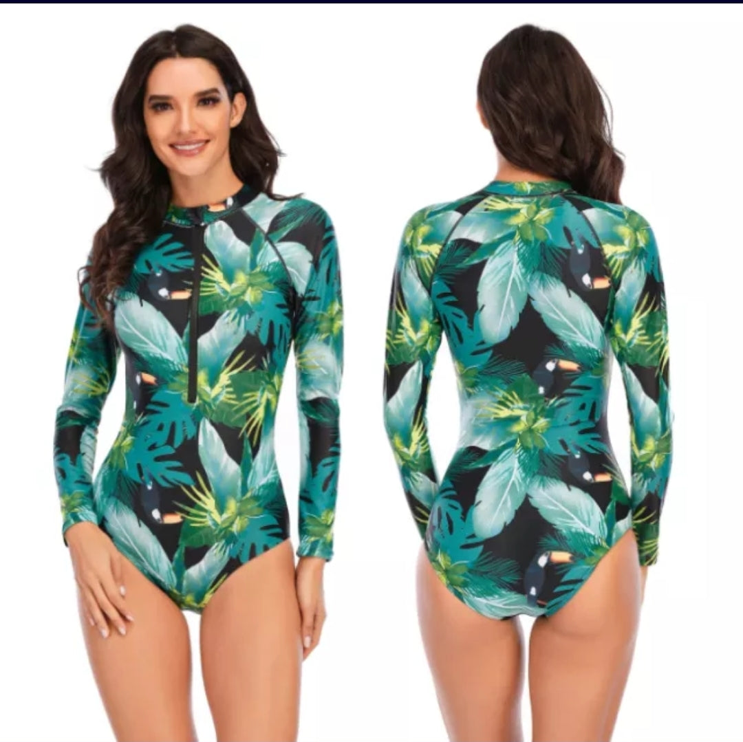 2021 Swimsuit Mangas Largas Estampado Hojas Verdes