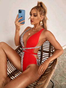 Swimsuit De escote Profundo Print Rojo