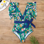 Swimsuit Estampado de Hojas con Mangas Cortas y Lazo en la Cintura