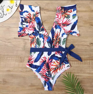 Swimsuit Estampado de Hojas con Mangas Cortas y Lazo en la Cintura