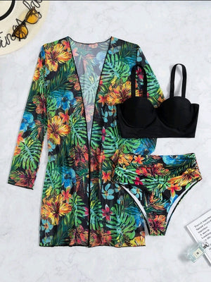 Phoebe | Set de Bikini Tropical Push Up +Salida de baño 3 pcs