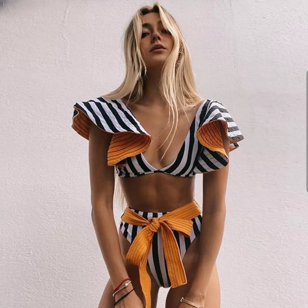 Bikini Estampado 2024 Push-Up Doble Tela Rayas y Liso con Vuelitos en los Hombros Talle Alto con Lazo Naranja en la Cintura