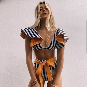 Bikini Estampado 2024 Push-Up Doble Tela Rayas y Liso con Vuelitos en los Hombros Talle Alto con Lazo Naranja en la Cintura