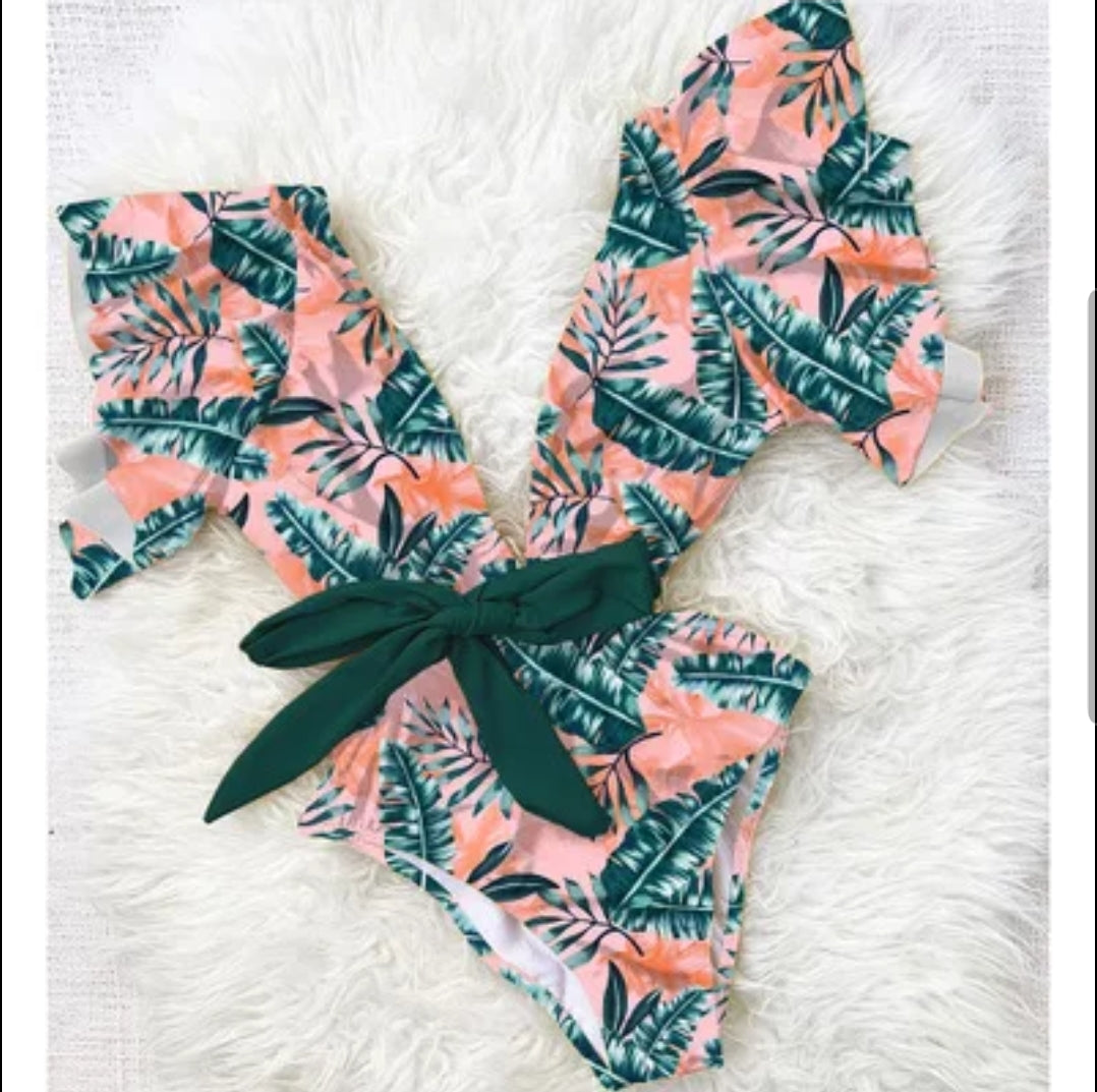 Swimsuit Estampado de Hojas con Mangas Cortas y Lazo en la Cintura