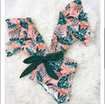 Swimsuit Estampado de Hojas con Mangas Cortas y Lazo en la Cintura